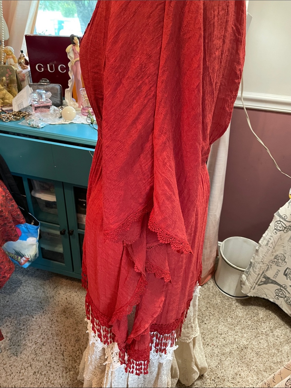 Boho Lace-Trim Rust Women's Top with Tassel Hem - Picture 12 of 17